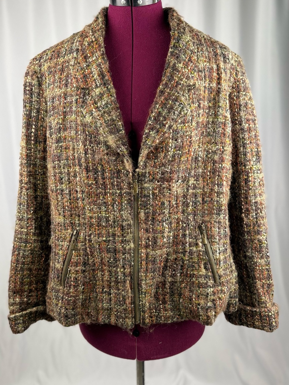 Women's Multicolor Tweed Zip Jacket - Brown Tone